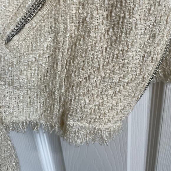 H&M Tweed Cream Moto Jacket NWT Fringe Hem Silver Hardware Sz 4 Shabby Chic - Picture 9 of 13